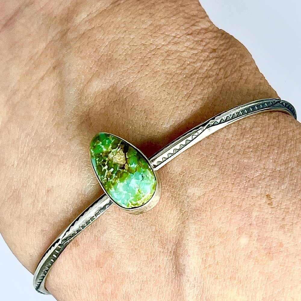 Sonoran Gold Turquoise Navajo Hand Stamped Cuff Bracelet 6.5in Tahe 7g Stacker
